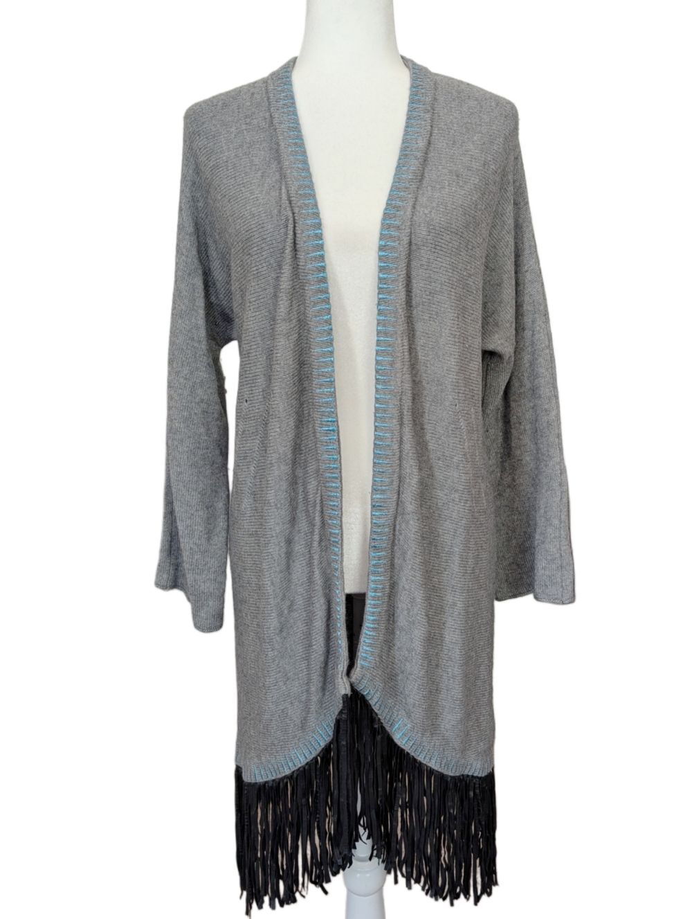 Soft Surroundings Gray Womens Black Fringe Open Front Boho Cardigan Size Medium